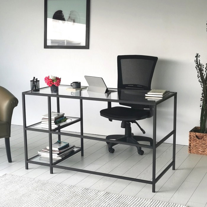 Hanah Home M101 Mesa de Estudio 130x60cm Cristal Templado y Metal Negro Diseño Moderno Industrial